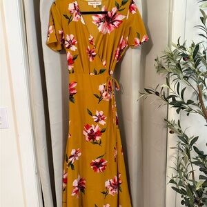 Magnolia Mustard Floral Wrap Maxi Dress with Pink Blooms
